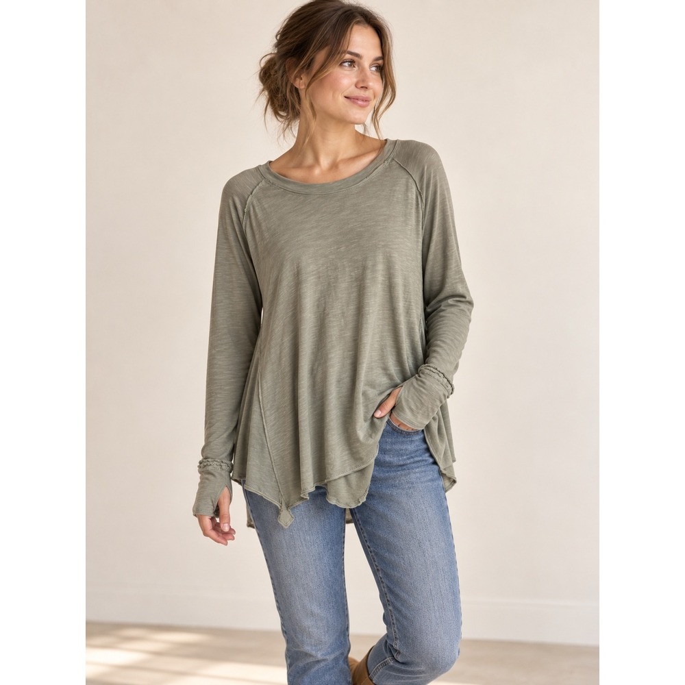 We The Free Free People Sage Green Slub Long Sleeve Thumbhole Hem Top Small